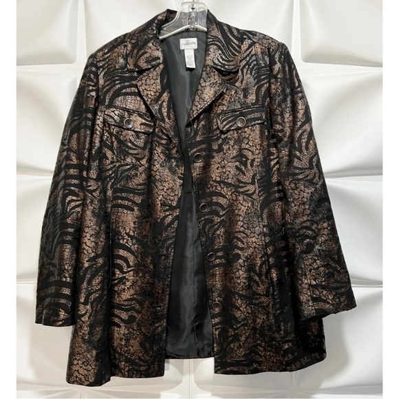 Chico's 1 Sz M Black Bronze Snakeskin Print Blazer Jacket Linen Rayon - Picture 5 of 7